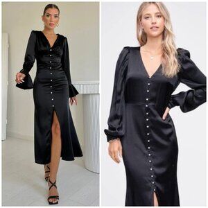 NWT En Saison Lizette Long Puff Sleeve Satin Button Front Midi Dress Black